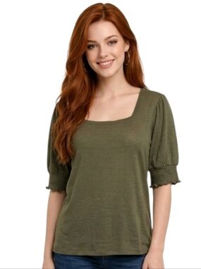 Nine West Army Green Textured Square Neck Elbow Sleeve Stretch Knit Blou…